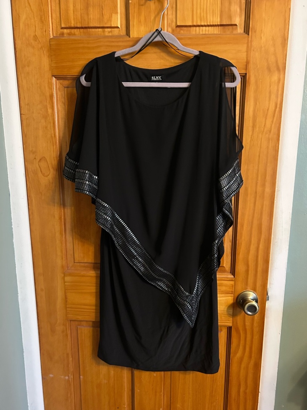 SLNY Black One-Shoulder Overlay Dress with Metallic Accent